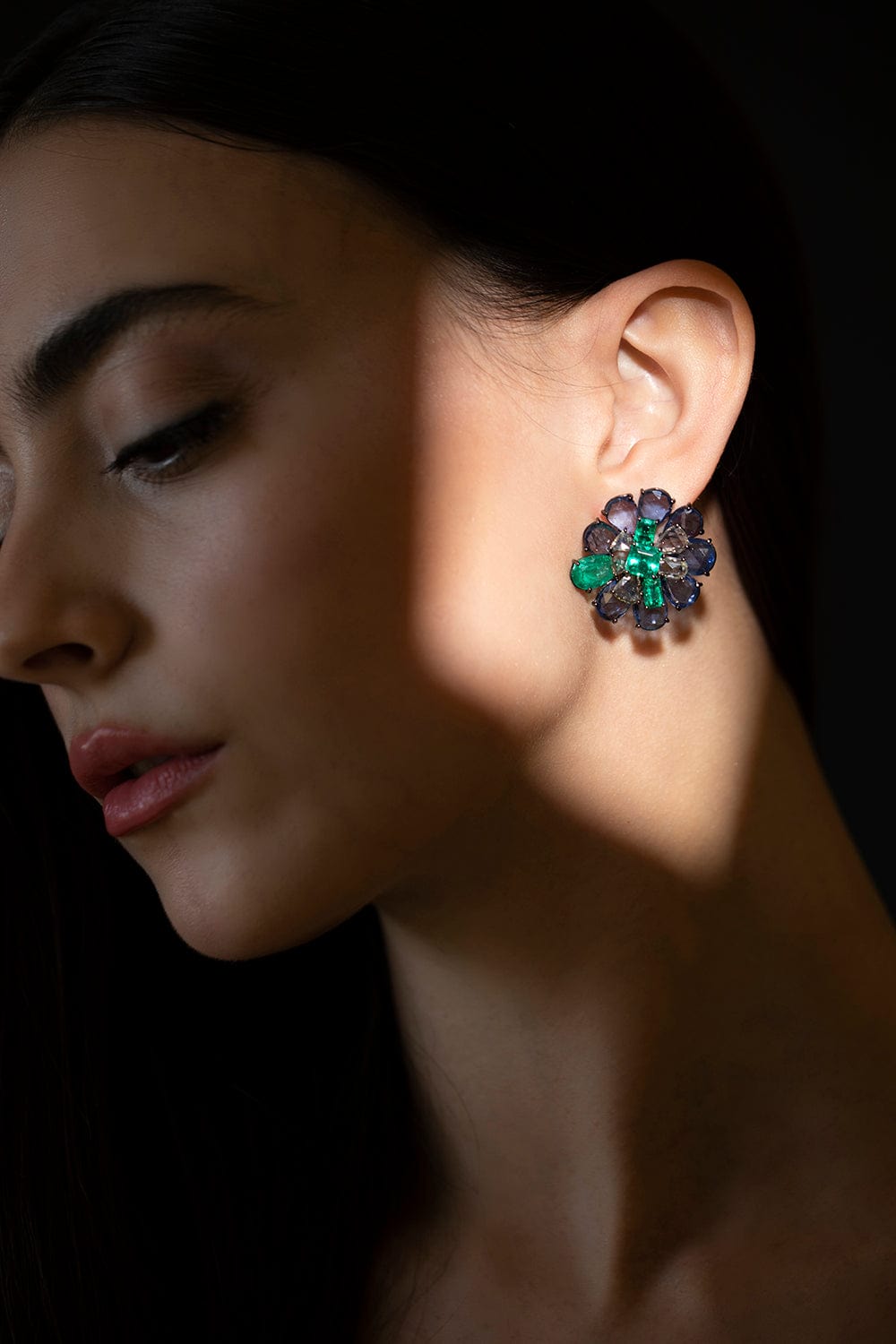 SUTRA-Emerald Blue Sapphire Flower Earrings-BLACK GOLD