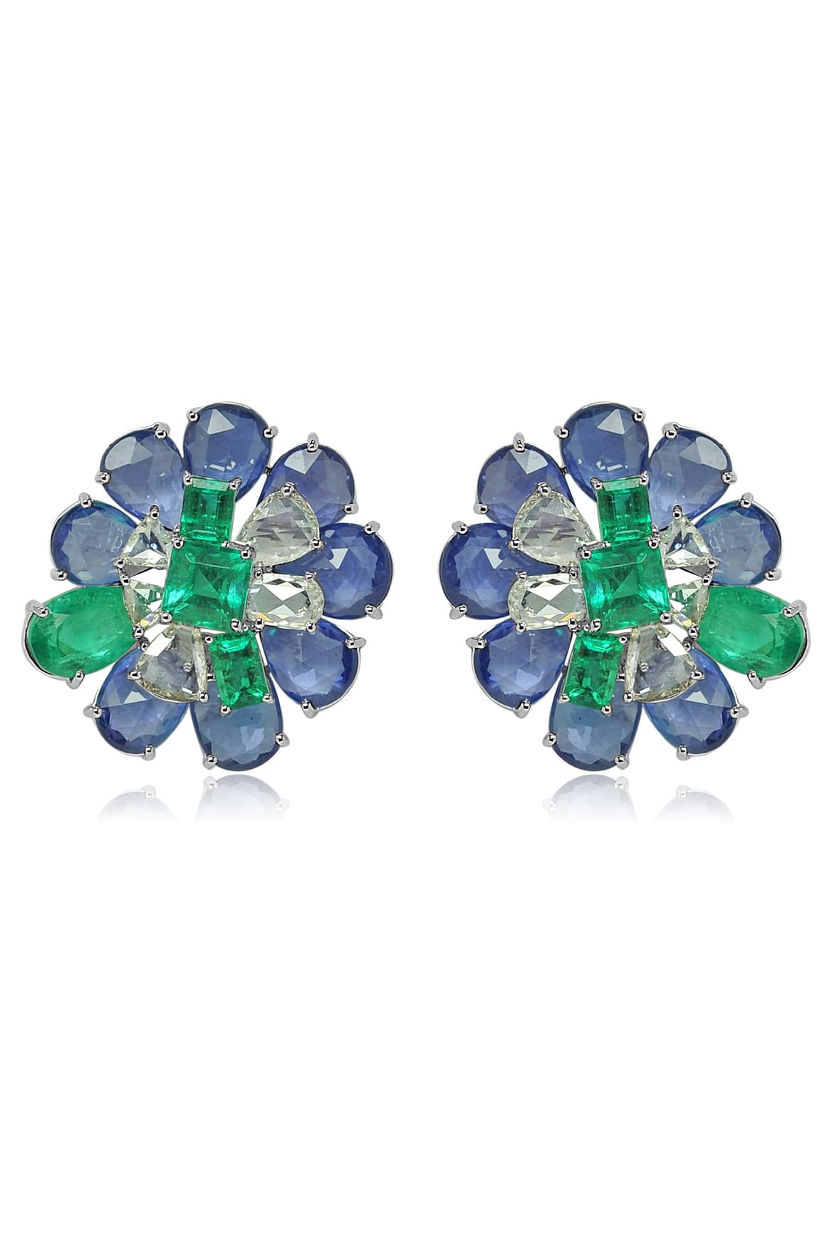 SUTRA-Emerald Blue Sapphire Flower Earrings-BLACK GOLD