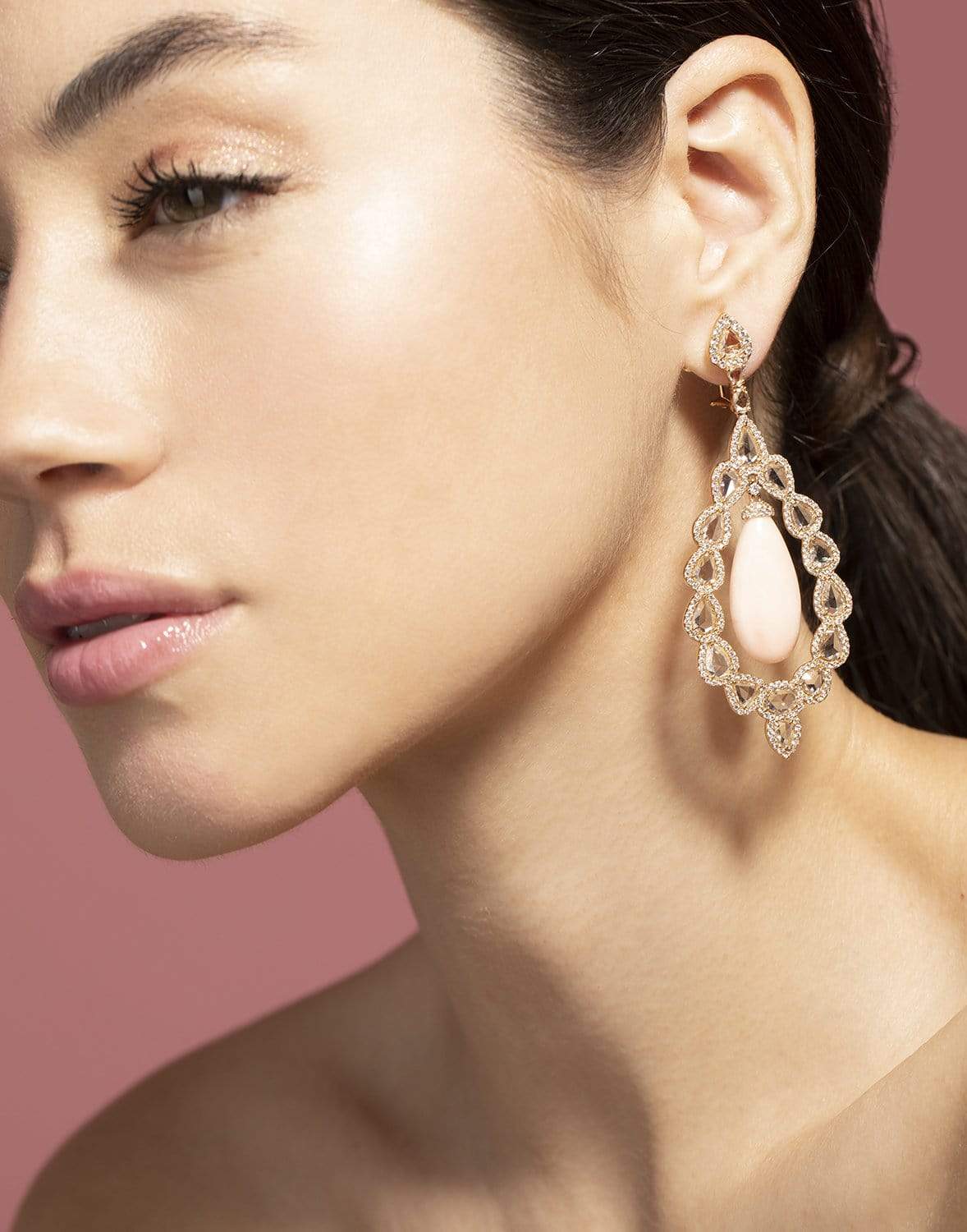 SUTRA-Angel Skin Coral and Diamond Drop Earrings-ROSE GOLD