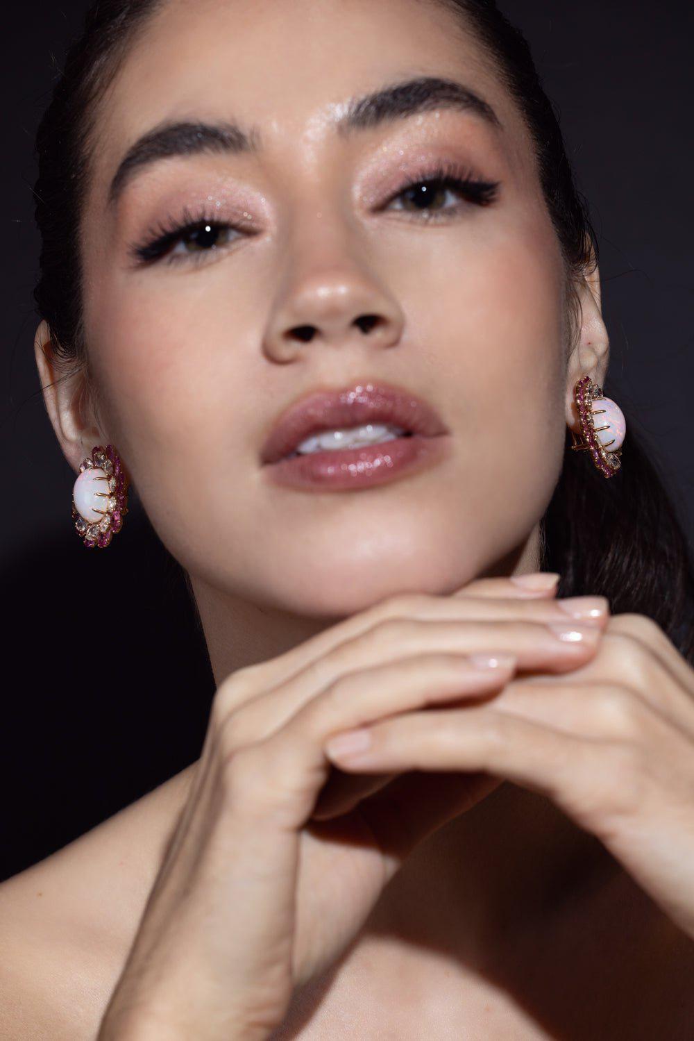 SUTRA-Pink Sapphire Opal Earrings-ROSE GOLD