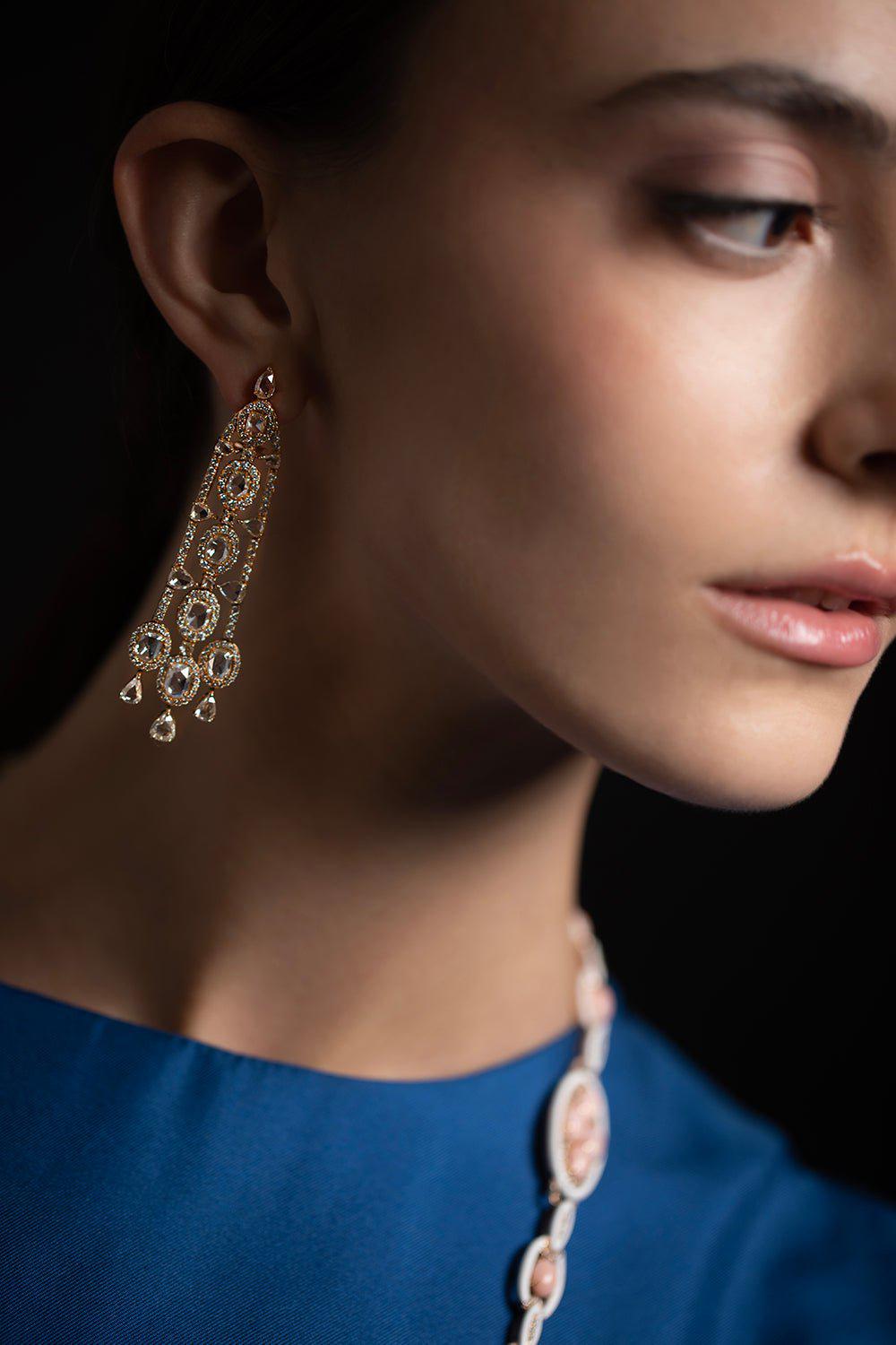 SUTRA-Rose Cut Diamond Drop Earrings-ROSE GOLD