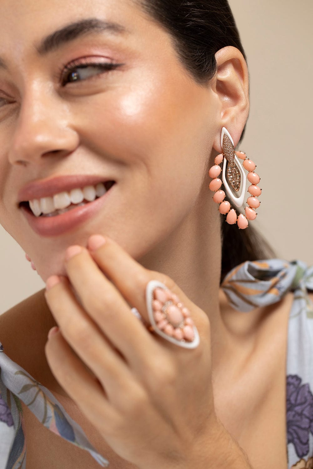 SUTRA-White Ceramic Pink Opal Earrings-ROSE GOLD