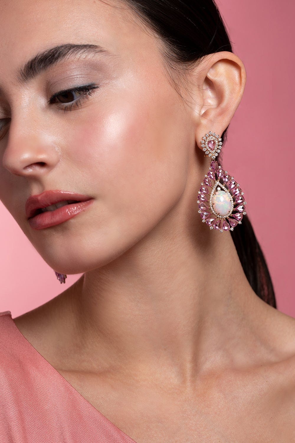 SUTRA-White Opal and Pink Sapphire Earrings-ROSE GOLD