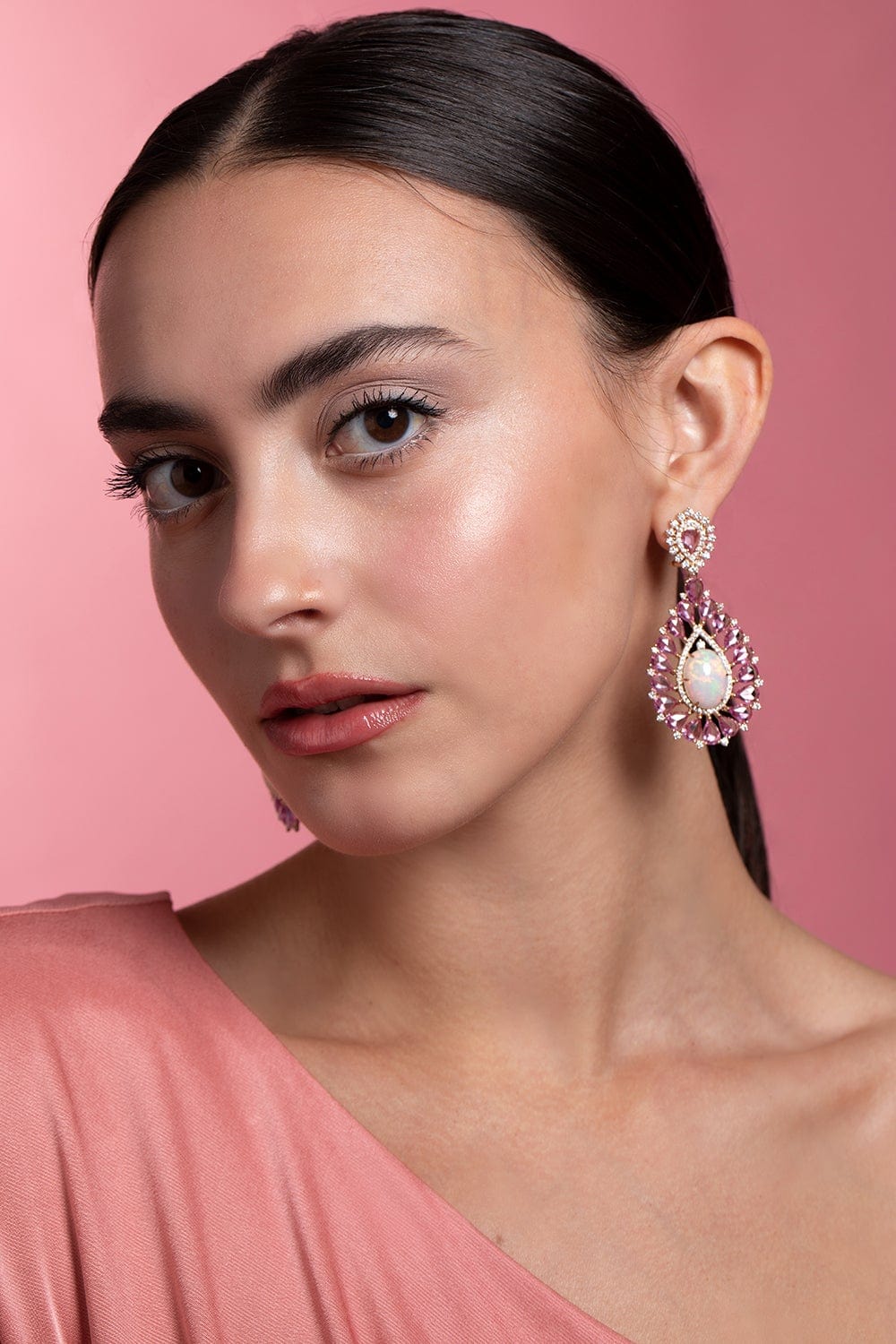 SUTRA-White Opal and Pink Sapphire Earrings-ROSE GOLD