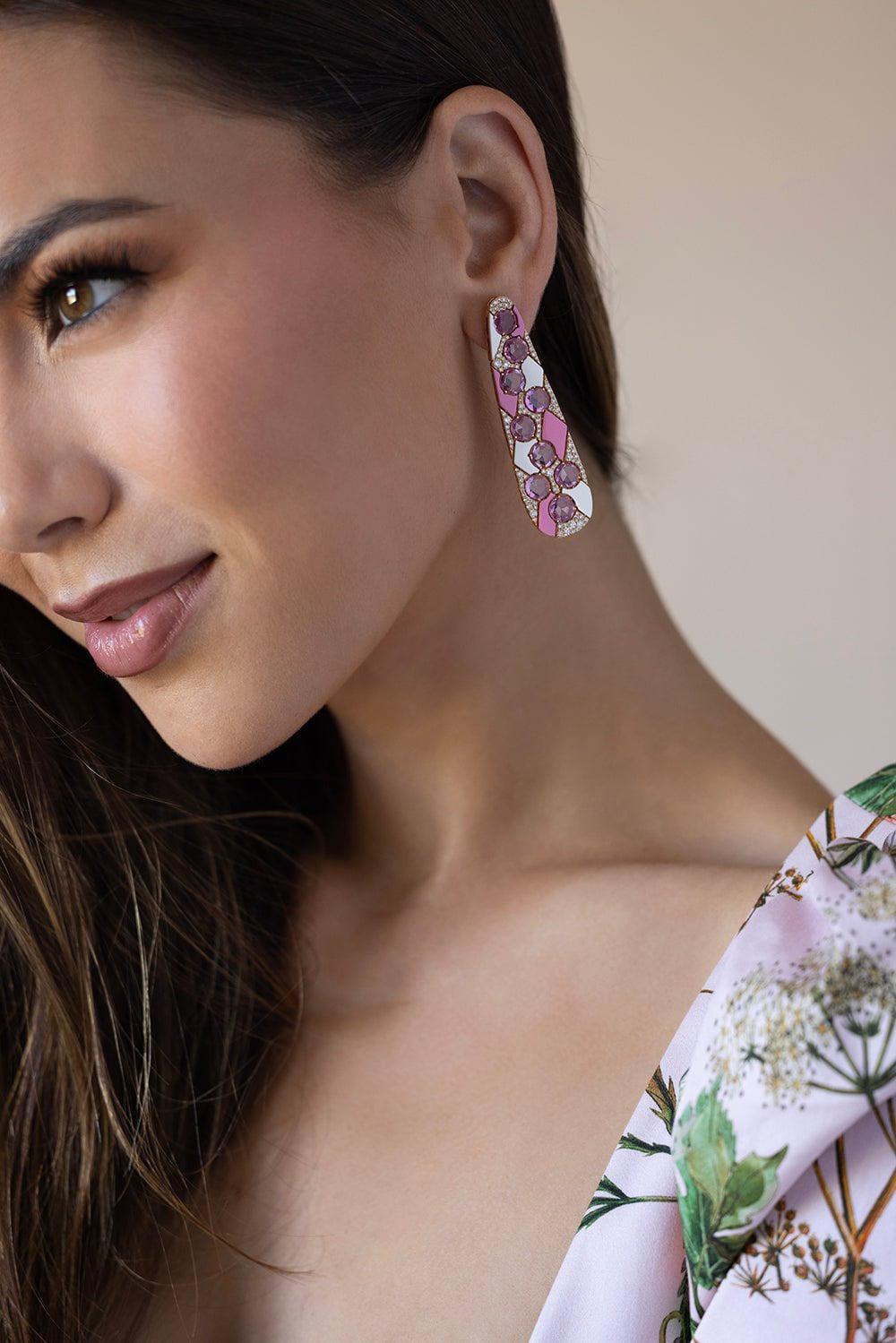 SUTRA-White Pink Ceramic Sapphire Earrings-ROSE GOLD