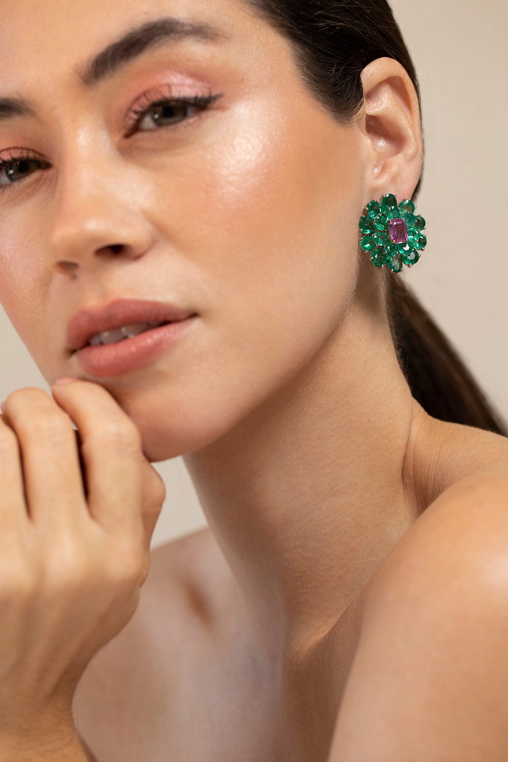 SUTRA-Emerald and Pink Sapphire Earrings-WHITE GOLD