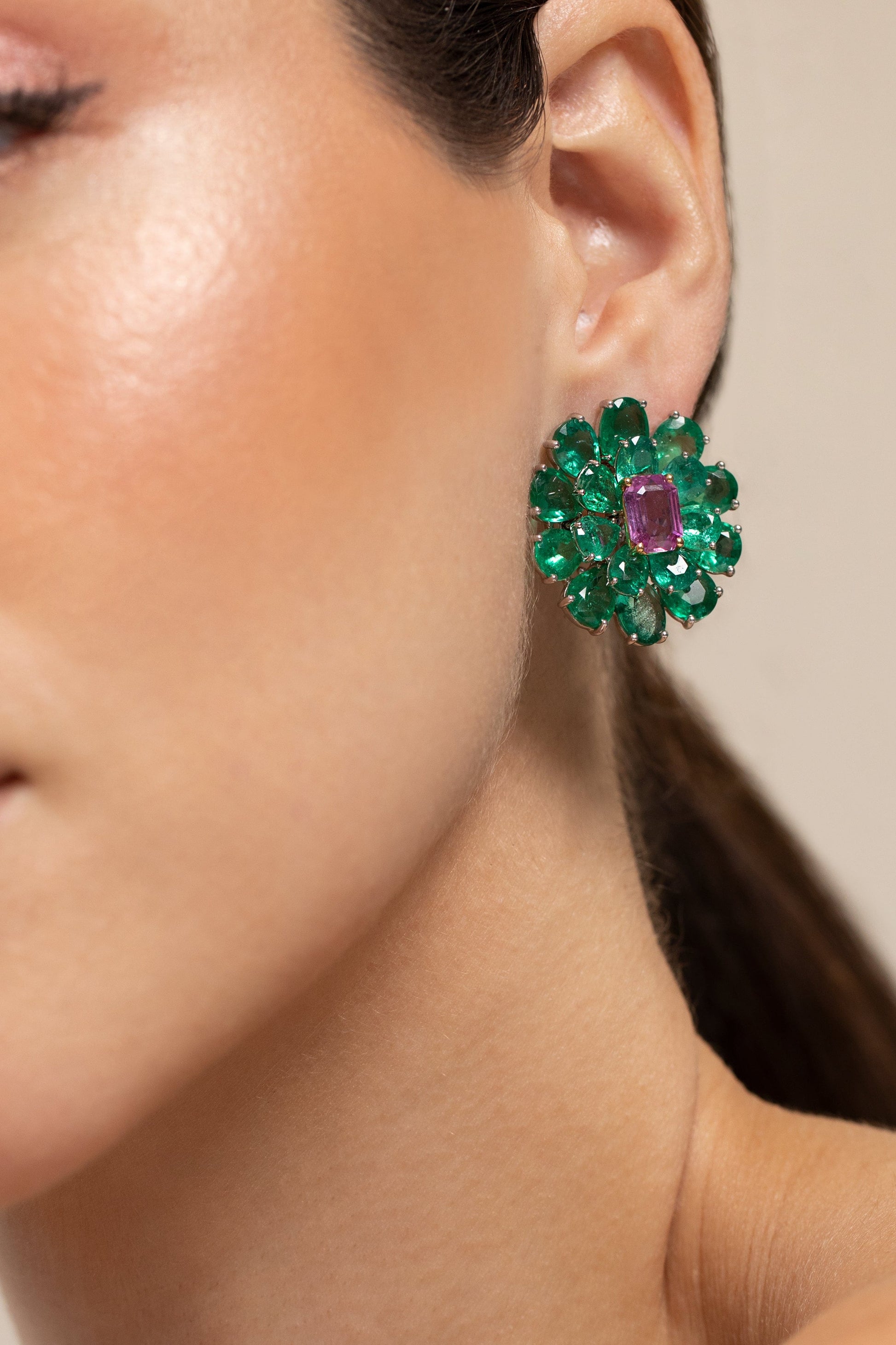 SUTRA-Emerald and Pink Sapphire Earrings-WHITE GOLD