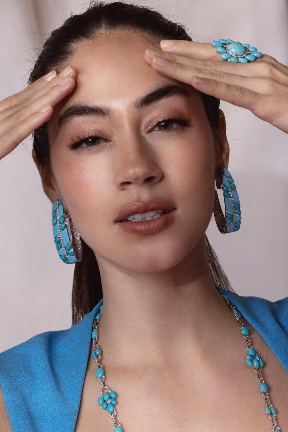 SUTRA-Turquoise Diamond Ceramic Earrings-WHITE GOLD