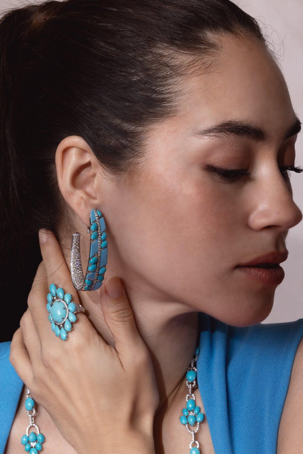 SUTRA-Turquoise Diamond Ceramic Earrings-WHITE GOLD
