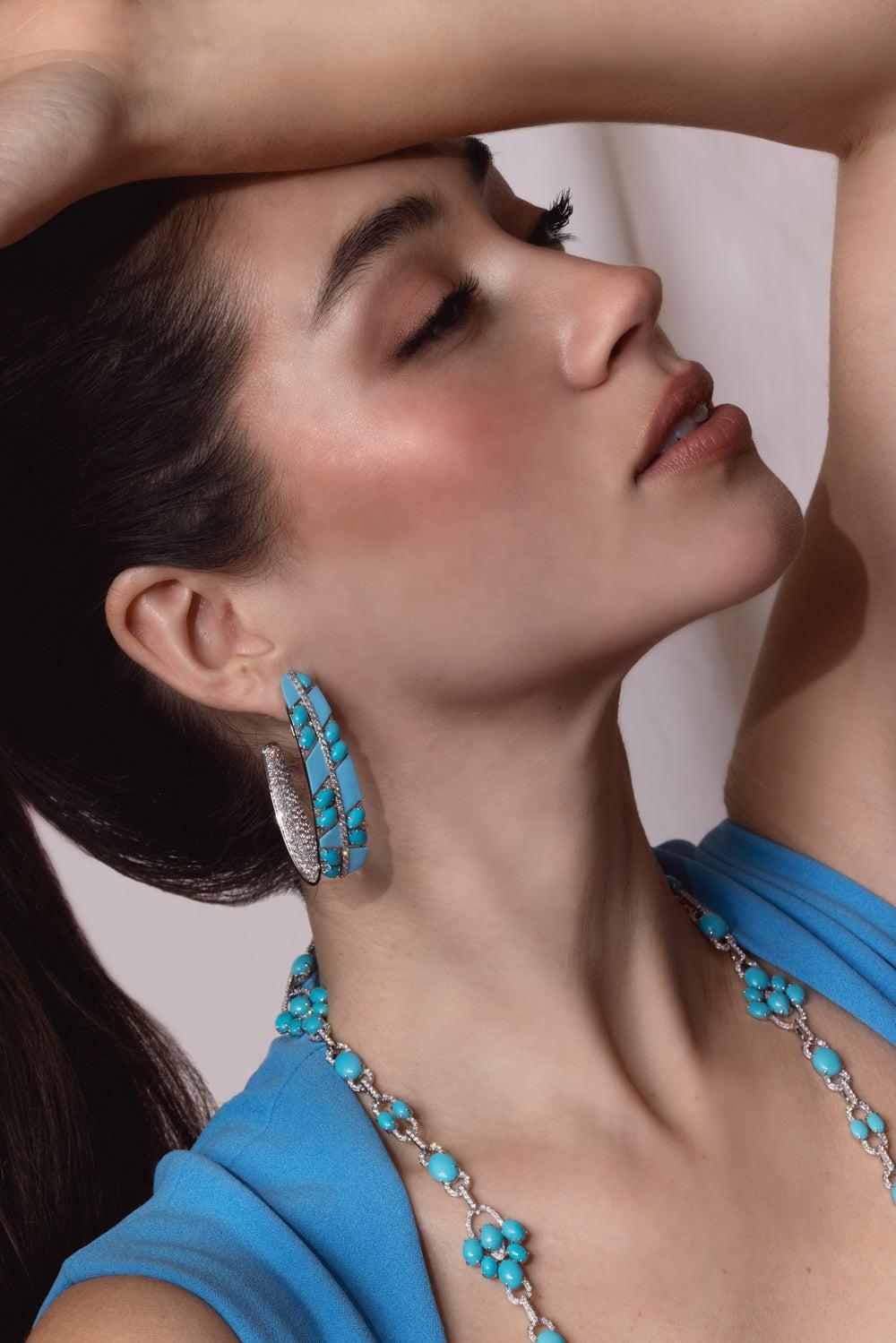 SUTRA-Turquoise Diamond Ceramic Earrings-WHITE GOLD
