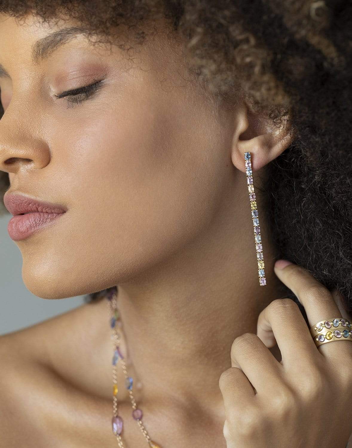 SUTRA-Multi Sapphire Long Line Earrings-YELLOW GOLD