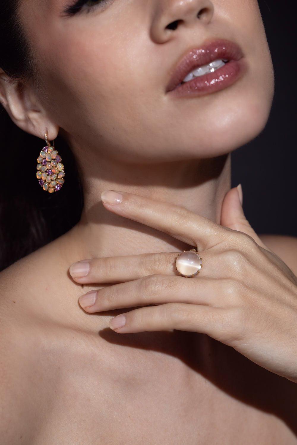 SUTRA-Pink Sapphire White Opal Earrings-YELLOW GOLD