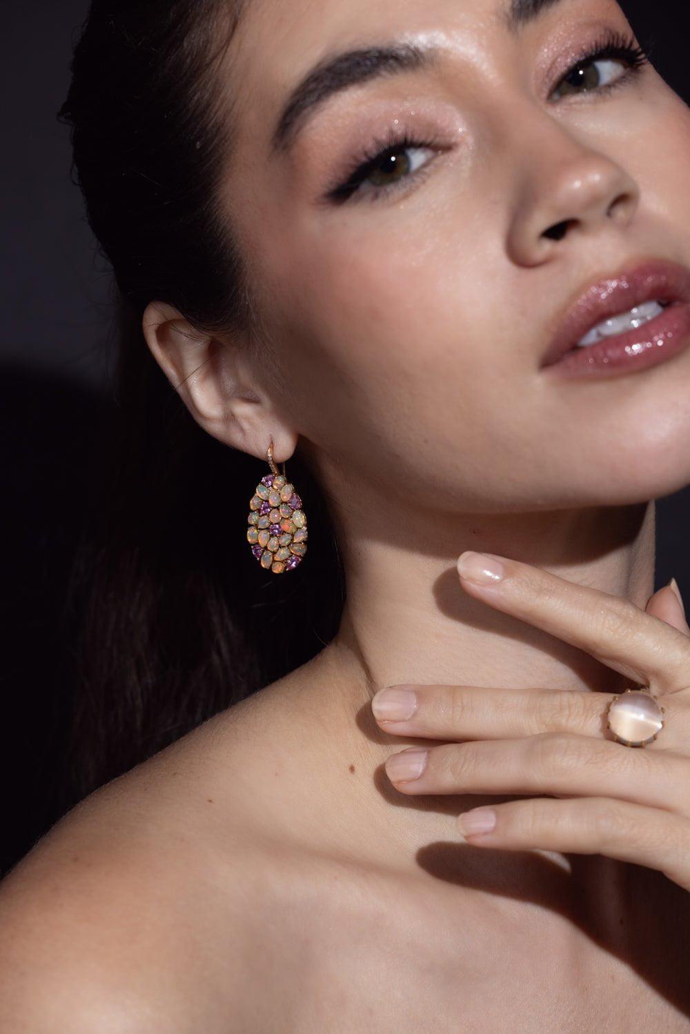 SUTRA-Pink Sapphire White Opal Earrings-YELLOW GOLD