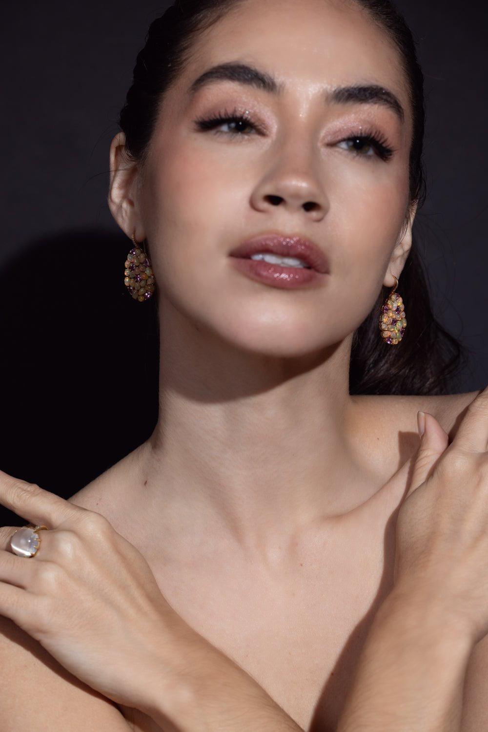 SUTRA-Pink Sapphire White Opal Earrings-YELLOW GOLD