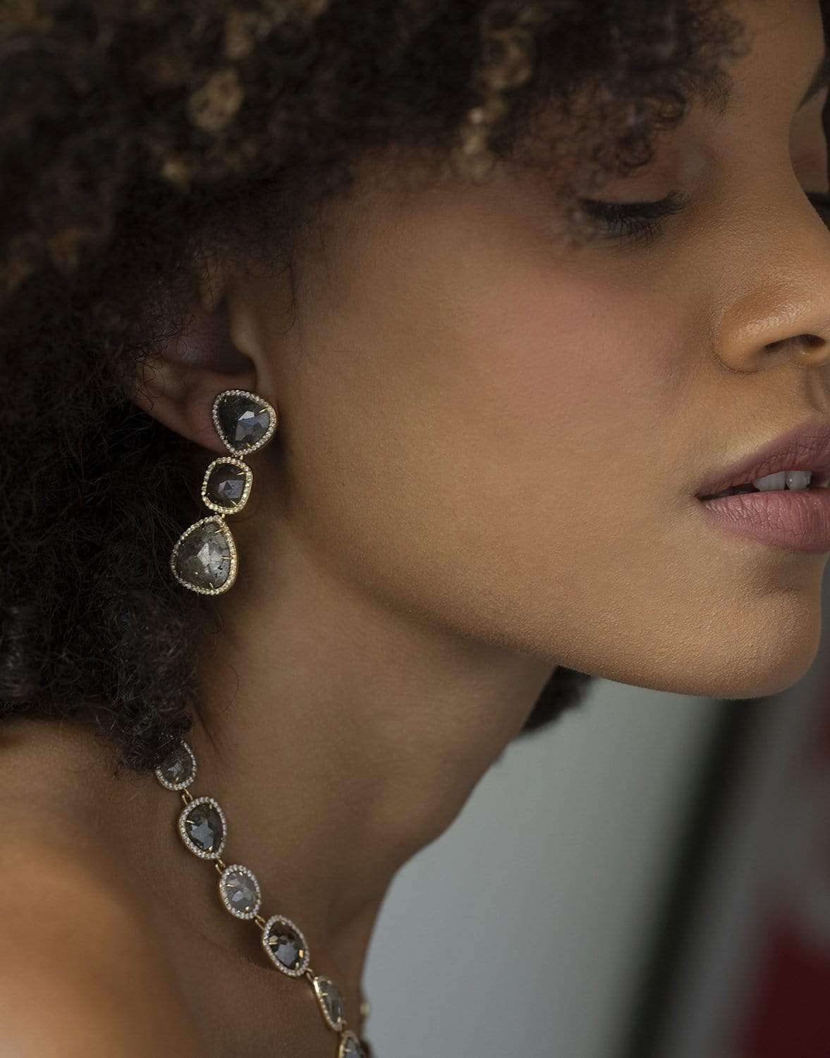SUTRA-Triple Drop Rough Cut Diamond Earrings-YELLOW GOLD