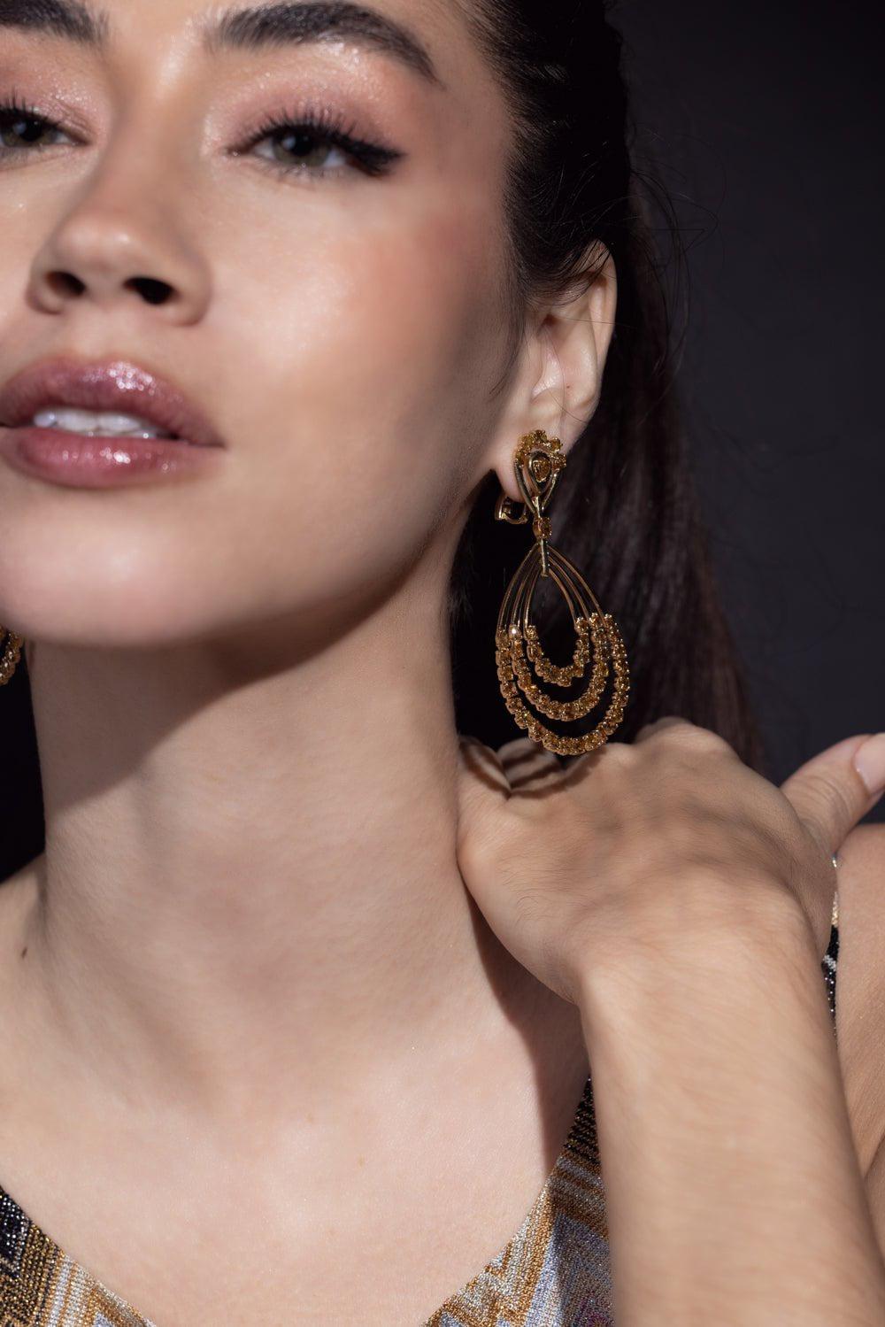 SUTRA-Yellow Diamond Drop Hoop Earrings-YELLOW GOLD