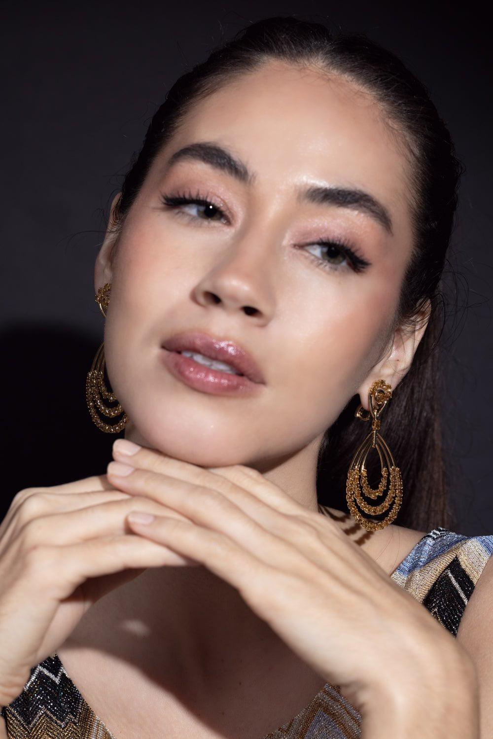 SUTRA-Yellow Diamond Drop Hoop Earrings-YELLOW GOLD