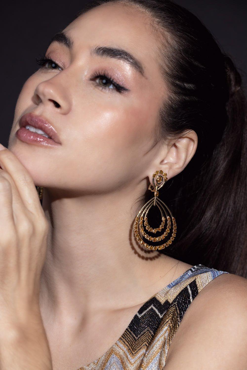 SUTRA-Yellow Diamond Drop Hoop Earrings-YELLOW GOLD