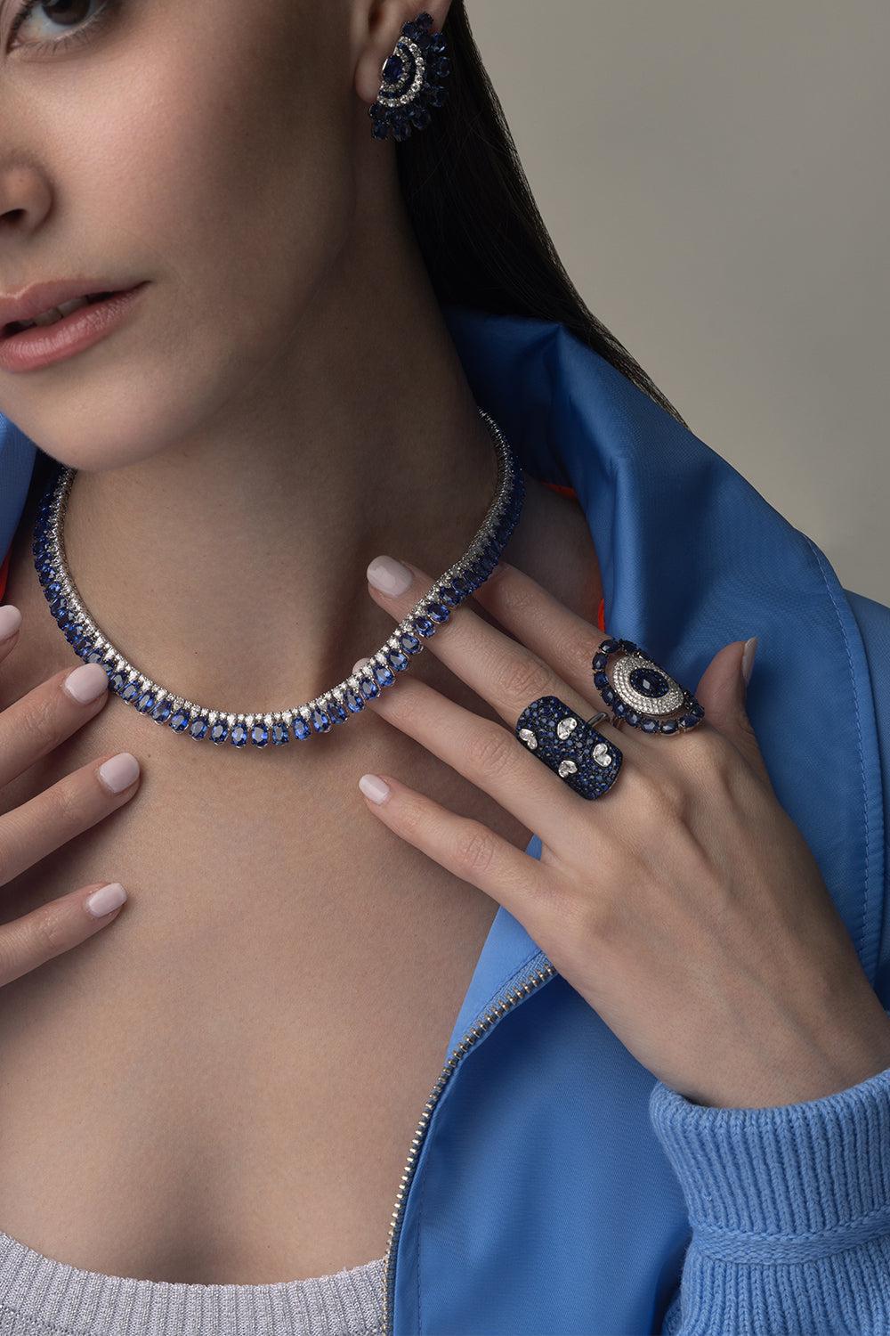 Blue Sapphire Diamond Necklace-WHITE GOLD-JEWELRYFINE JEWELNECKLACE O-SUTRA