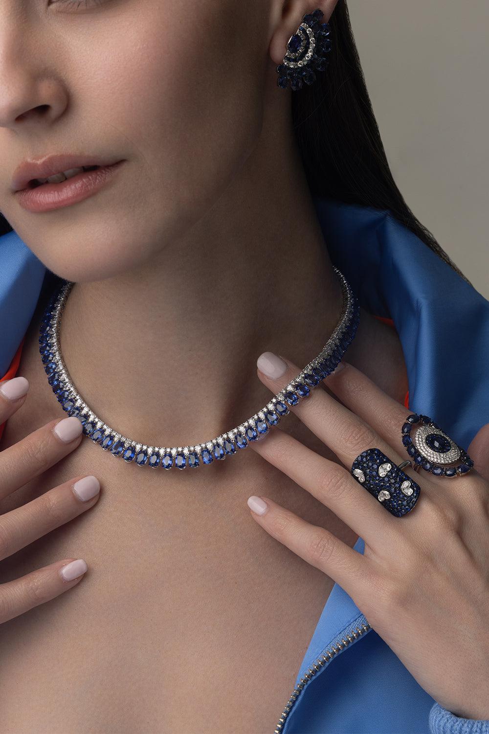Blue Sapphire Diamond Necklace-WHITE GOLD-JEWELRYFINE JEWELNECKLACE O-SUTRA