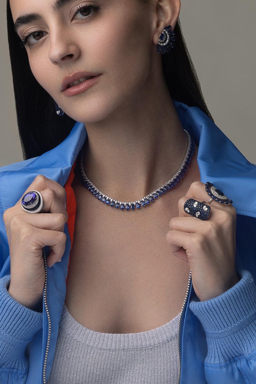 Blue Sapphire Statement Necklace-WHITE GOLD-JEWELRYFINE JEWELNECKLACE O-SUTRA