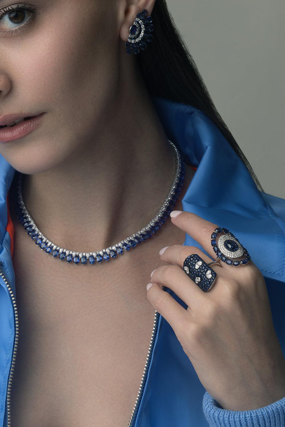 Blue Sapphire Statement Necklace-WHITE GOLD-JEWELRYFINE JEWELNECKLACE O-SUTRA