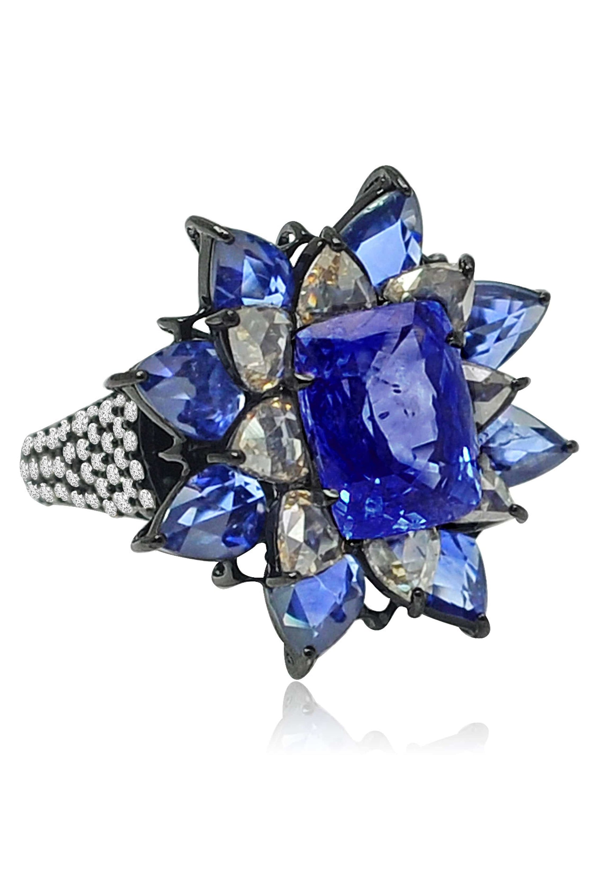 SUTRA-Blue Sapphire Flower Ring-BLACK GOLD