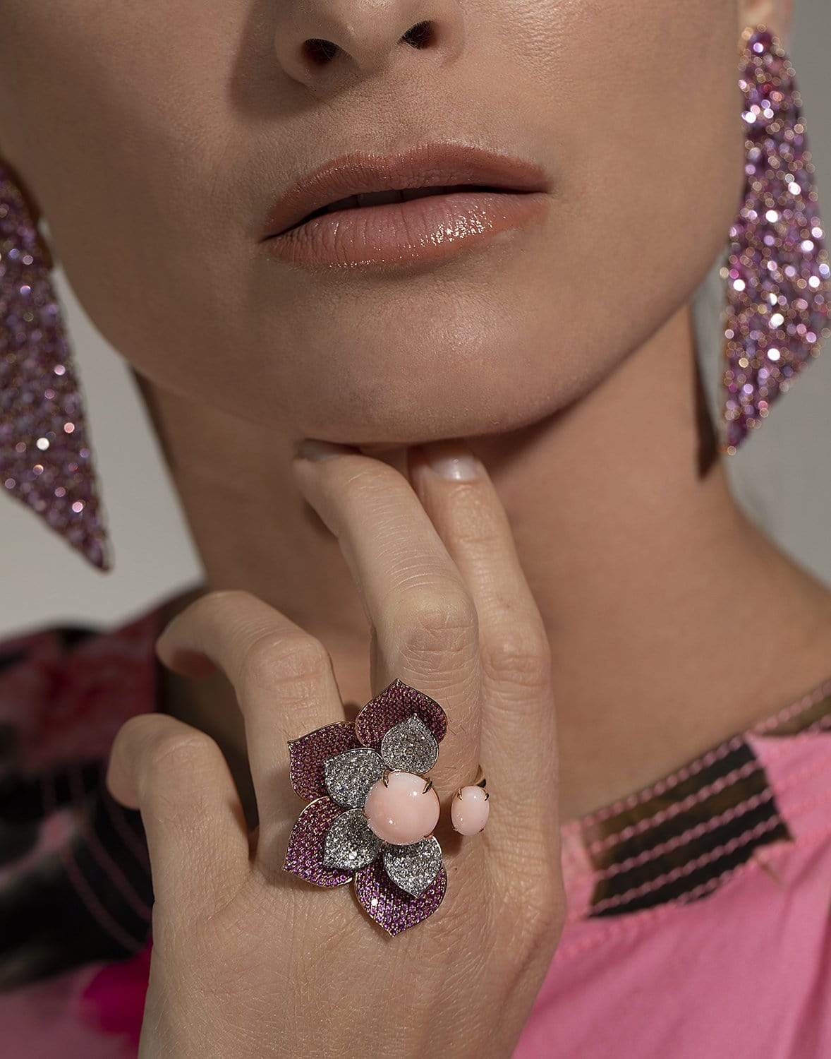 SUTRA-Pink Opal & Sapphire Flower Ring-ROSE GOLD