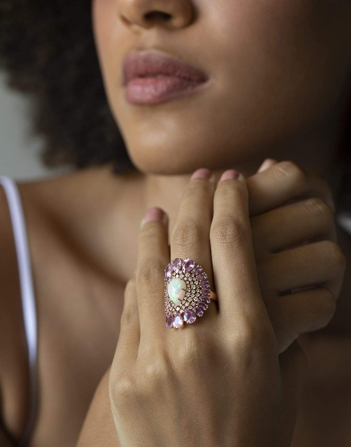 SUTRA-White Opal & Pink Sapphire Shield Ring-ROSE GOLD