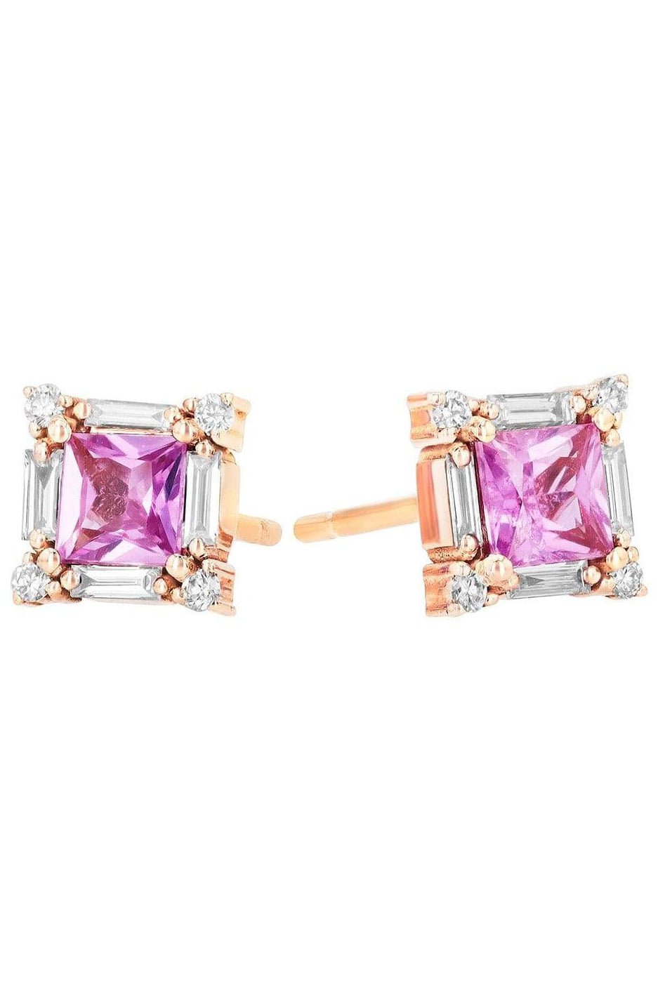 SUZANNE KALAN-Pink Sapphire And Diamond Baguette Stud Earrings-ROSE GOLD