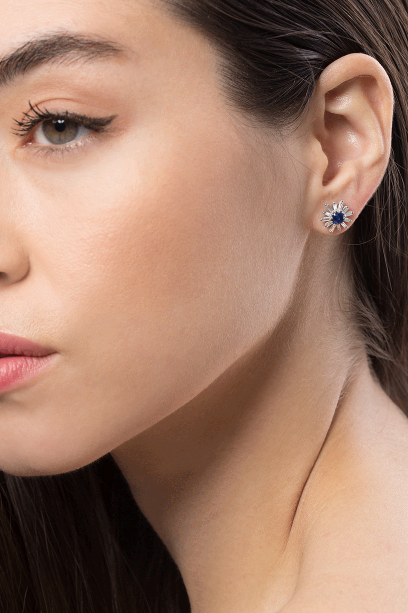 SUZANNE KALAN-Blue Sapphire Diamond Flower Studs-WHITE GOLD