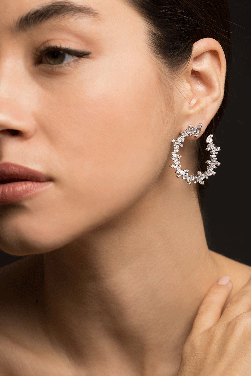 SUZANNE KALAN-Fireworks Diamond Spiral Hoop Earrings-WHITE GOLD