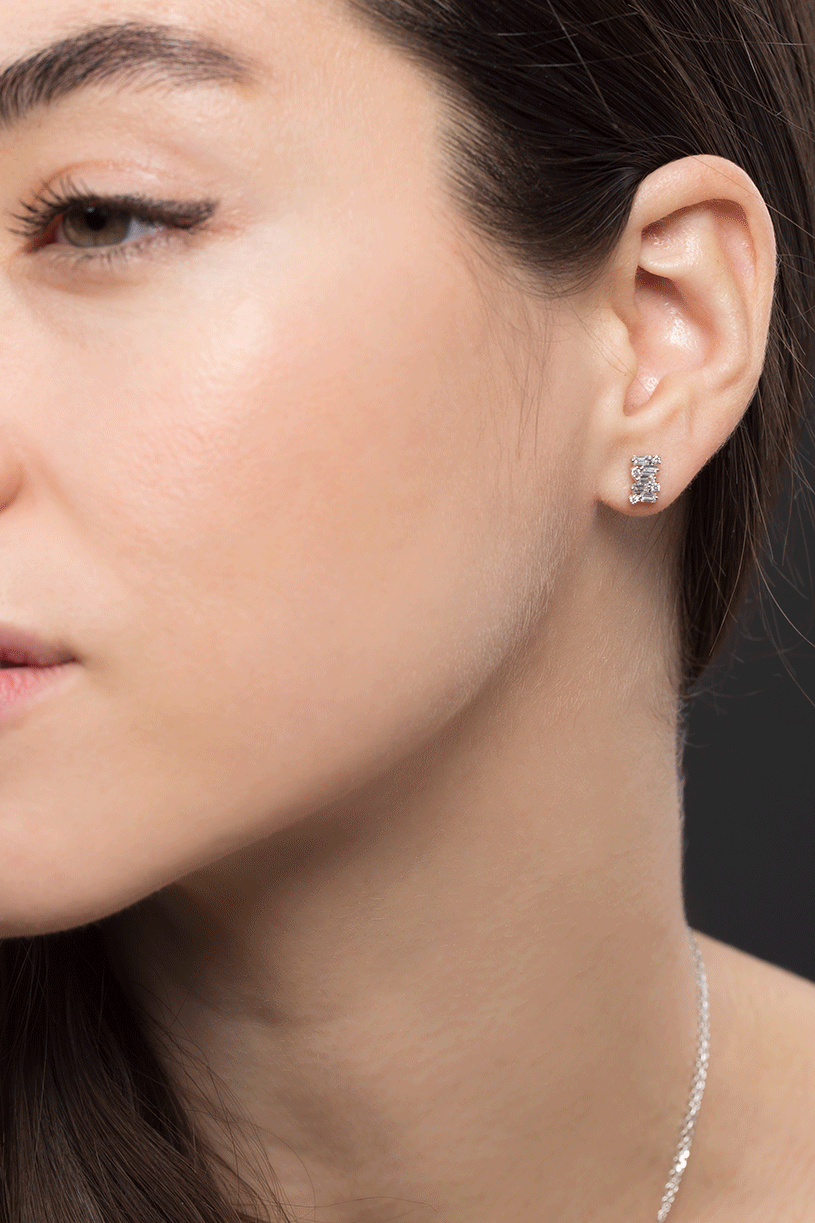 SUZANNE KALAN-Round Diamond Baguette Earrings-WHITE GOLD