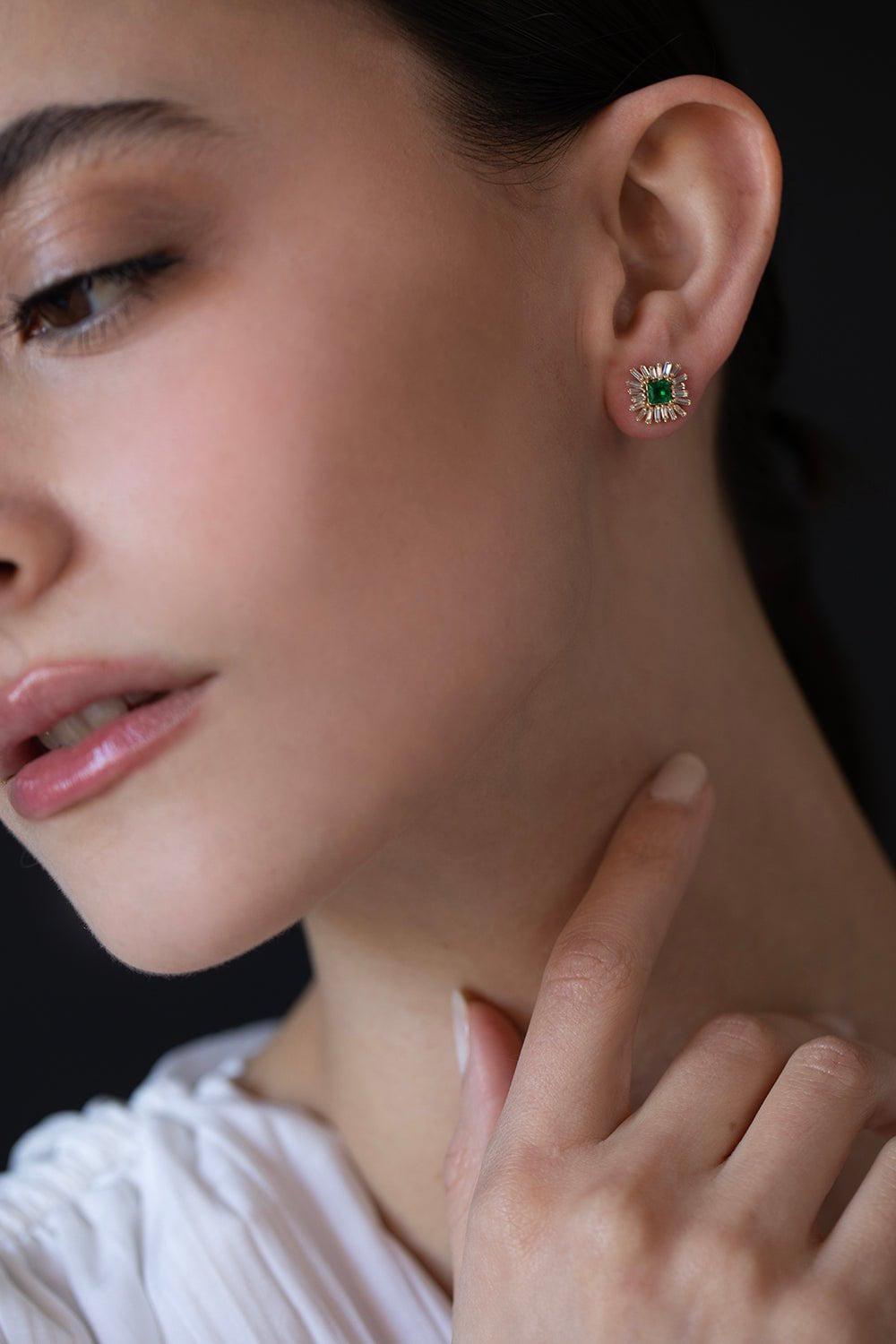 SUZANNE KALAN-Emerald Diamond Flower Earrings-YELLOW GOLD