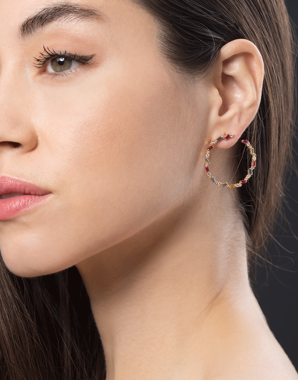 SUZANNE KALAN-Rainbow Sapphire Sideways Hoops-YELLOW GOLD