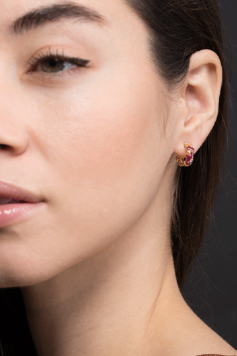 SUZANNE KALAN-Small Ruby Fireworks Hoop Earrings-YELLOW GOLD