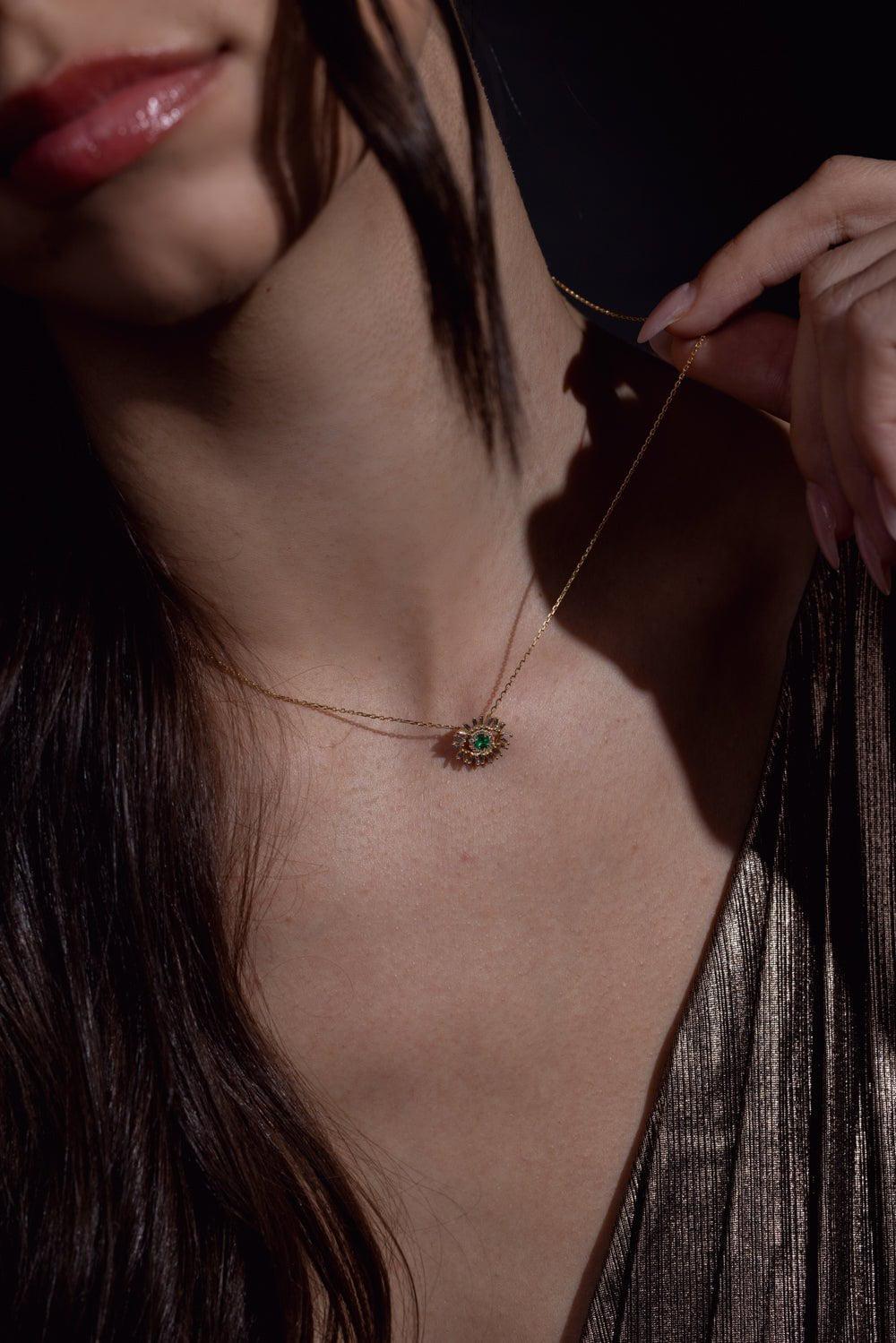 SUZANNE KALAN-Evil Eye Mini Emerald Pendant Necklace-YELLOW GOLD
