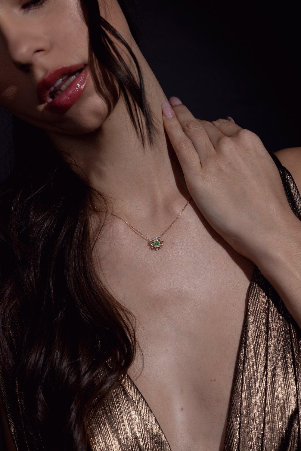 SUZANNE KALAN-Evil Eye Mini Emerald Pendant Necklace-YELLOW GOLD