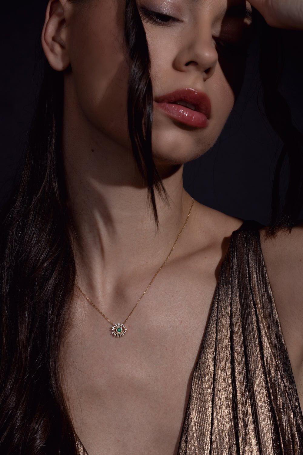 SUZANNE KALAN-Evil Eye Mini Emerald Pendant Necklace-YELLOW GOLD