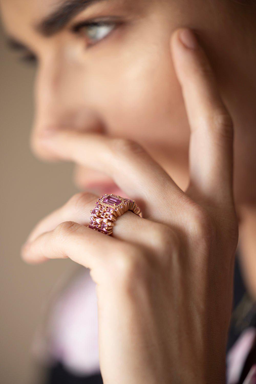 SUZANNE KALAN-Pink Sapphire Diamond Baguette Ring-ROSE GOLD