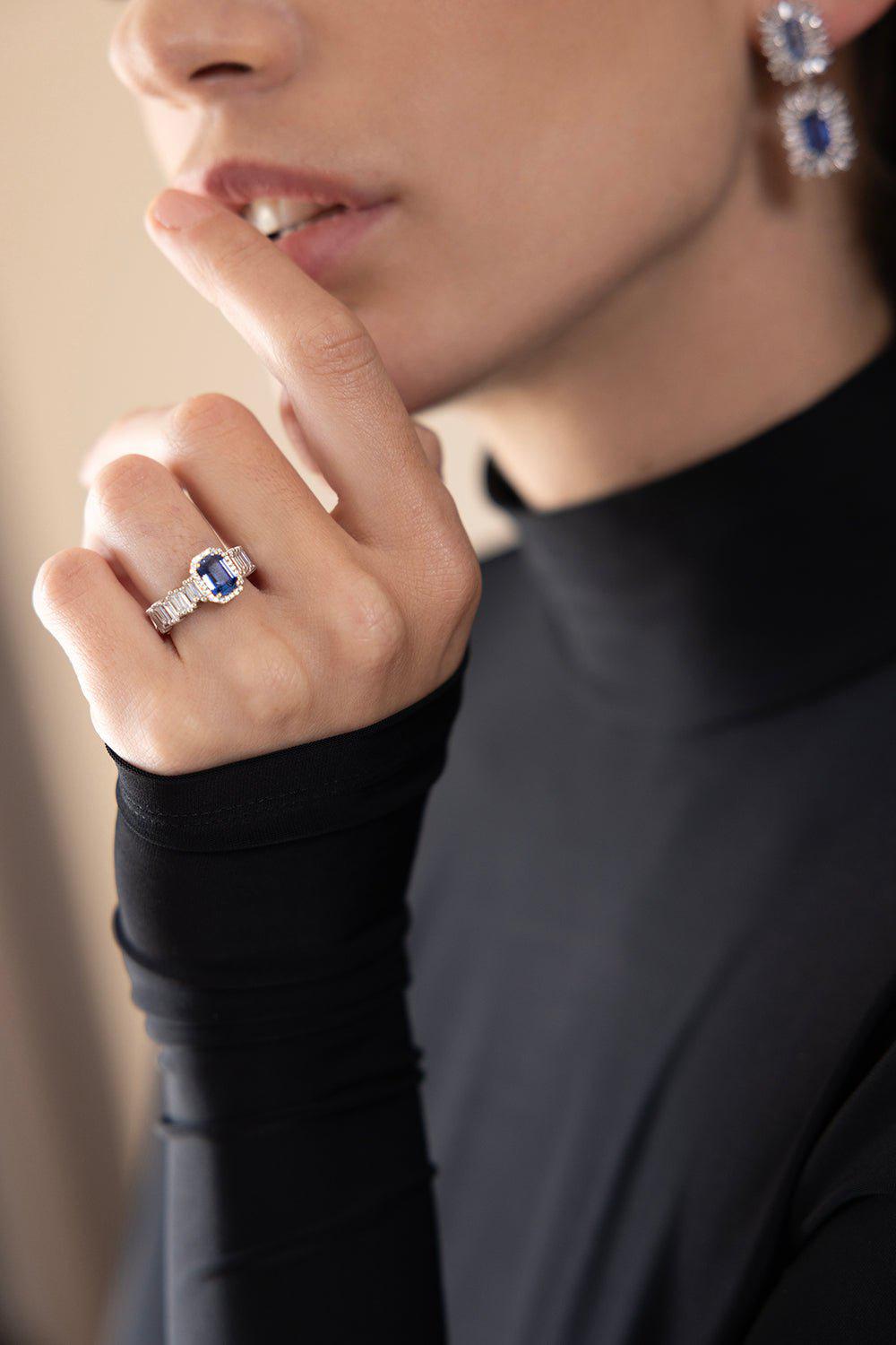 SUZANNE KALAN-Blue Sapphire Diamond Baguette Ring-WHITE GOLD