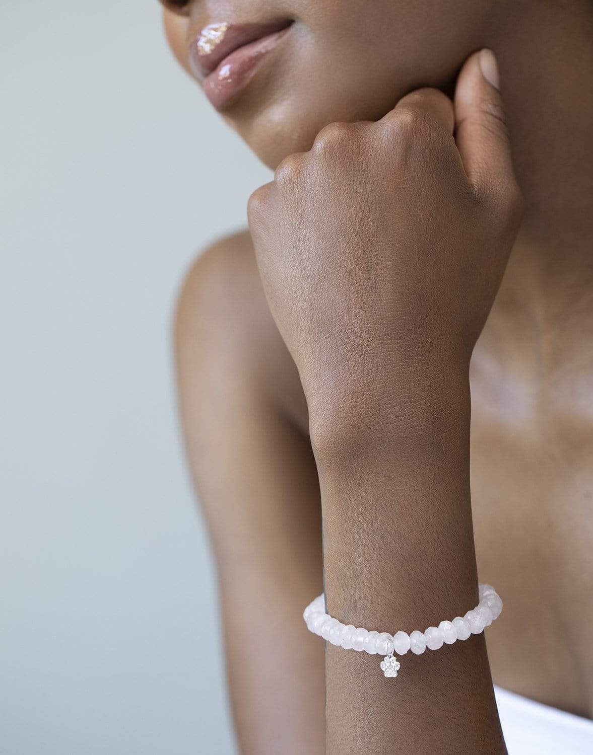 SYDNEY EVAN-Diamond Paw Charm Rose Quartz Bracelet-WHITE GOLD