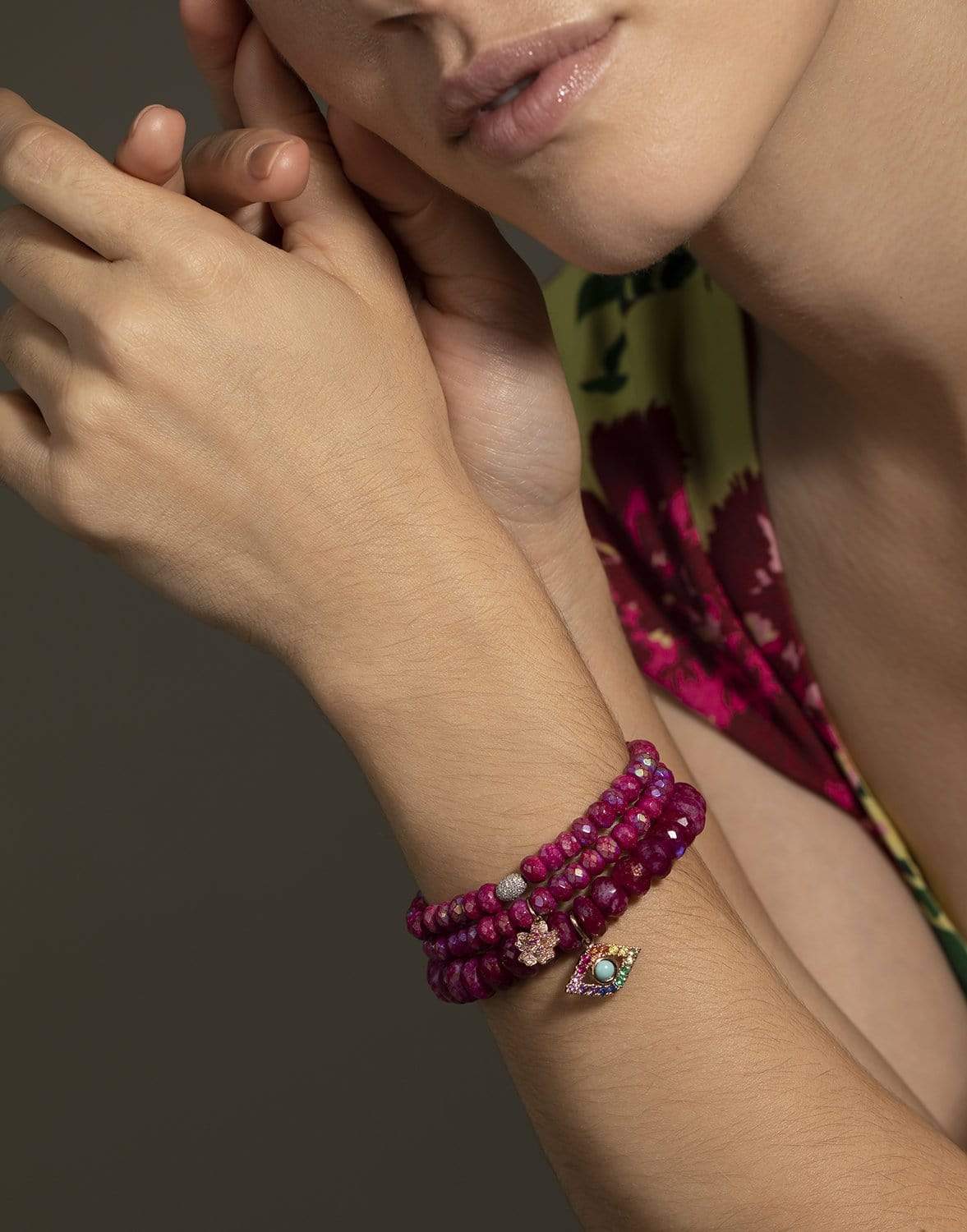 SYDNEY EVAN-Fuschia Moonstone Pave Oval Bead Bracelet-WHITE GOLD