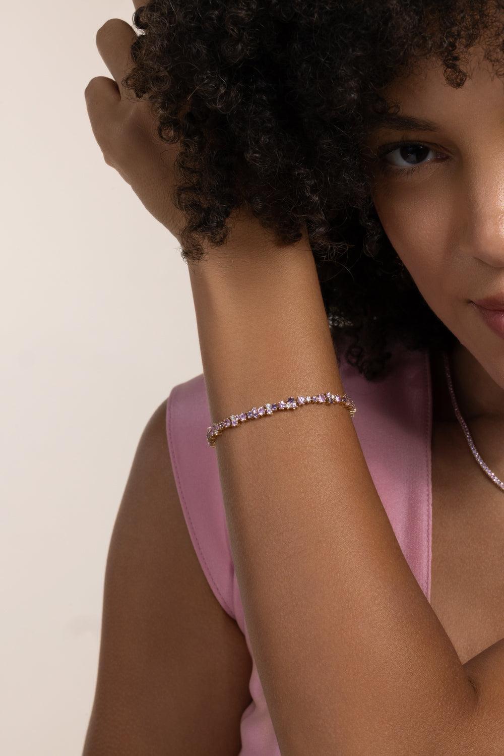 Pink Sapphire Diamond Cocktail Tennis Bracelet-YELLOW GOLD-6.75-JEWELRYFINE JEWELBRACELET O-SYDNEY EVAN