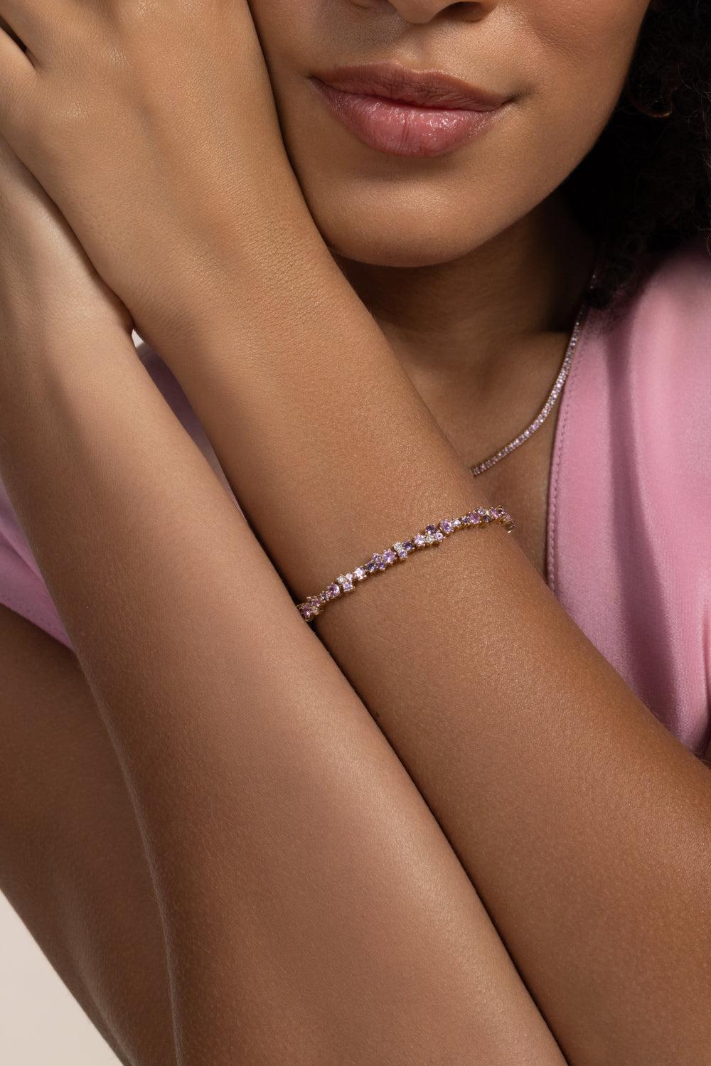 Pink Sapphire Diamond Cocktail Tennis Bracelet-YELLOW GOLD-6.75-JEWELRYFINE JEWELBRACELET O-SYDNEY EVAN