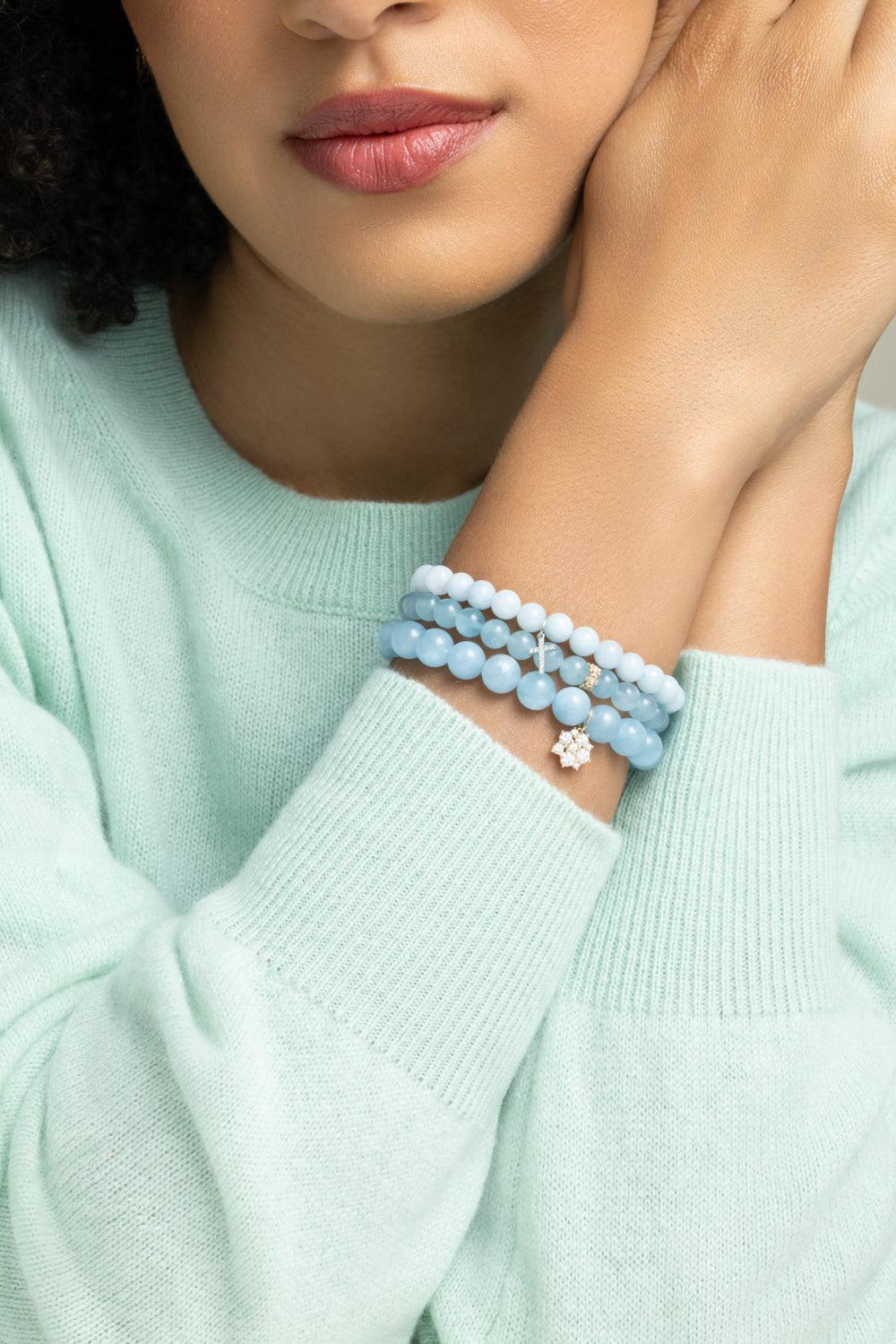 Aquamarine Daisy Rondelle Beaded Bracelet-YELLOW GOLD-JEWELRYFINE JEWELBRACELET O-SYDNEY EVAN