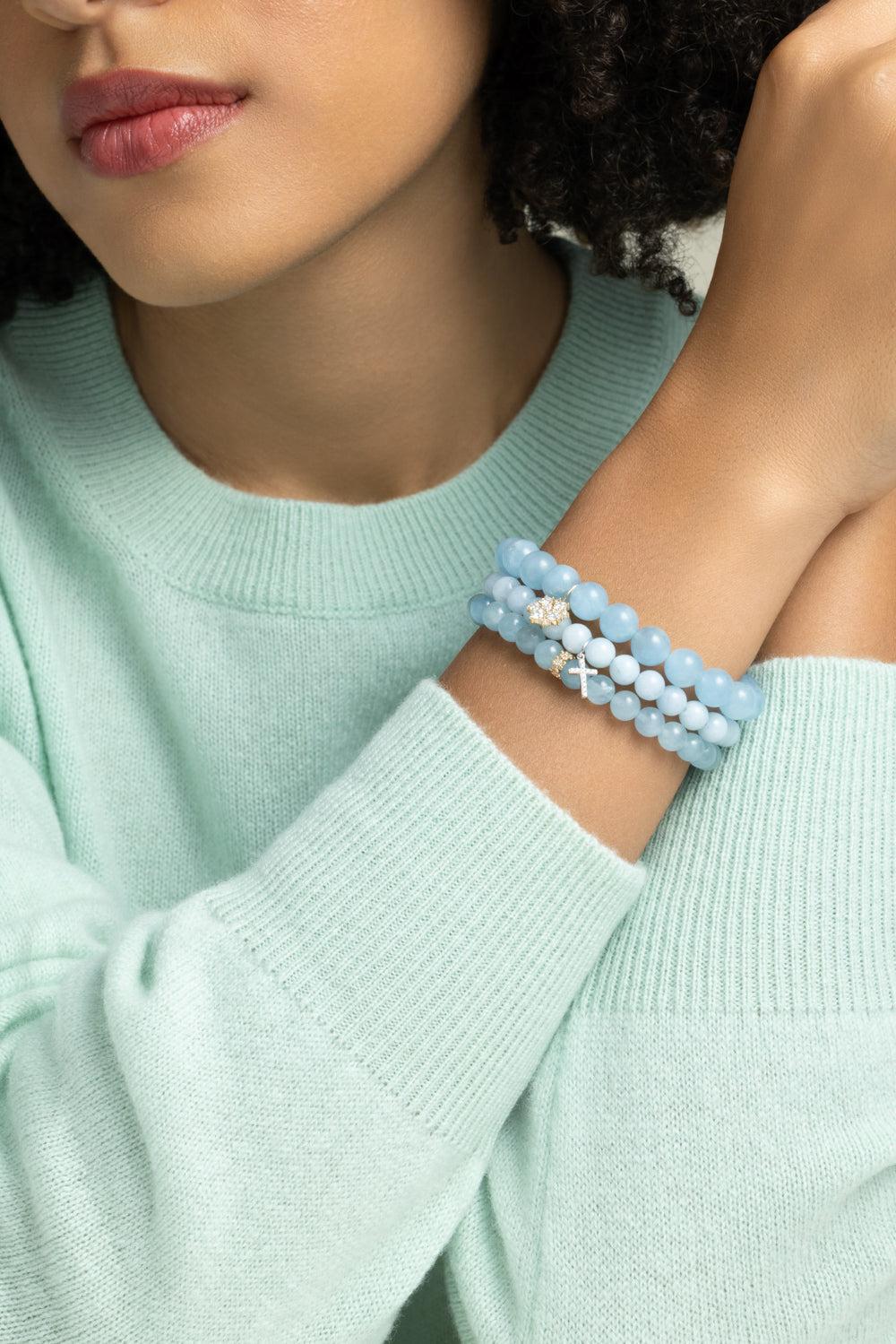Aquamarine Diamond Disc Beaded Bracelet-YELLOW GOLD-JEWELRYFINE JEWELBRACELET O-SYDNEY EVAN