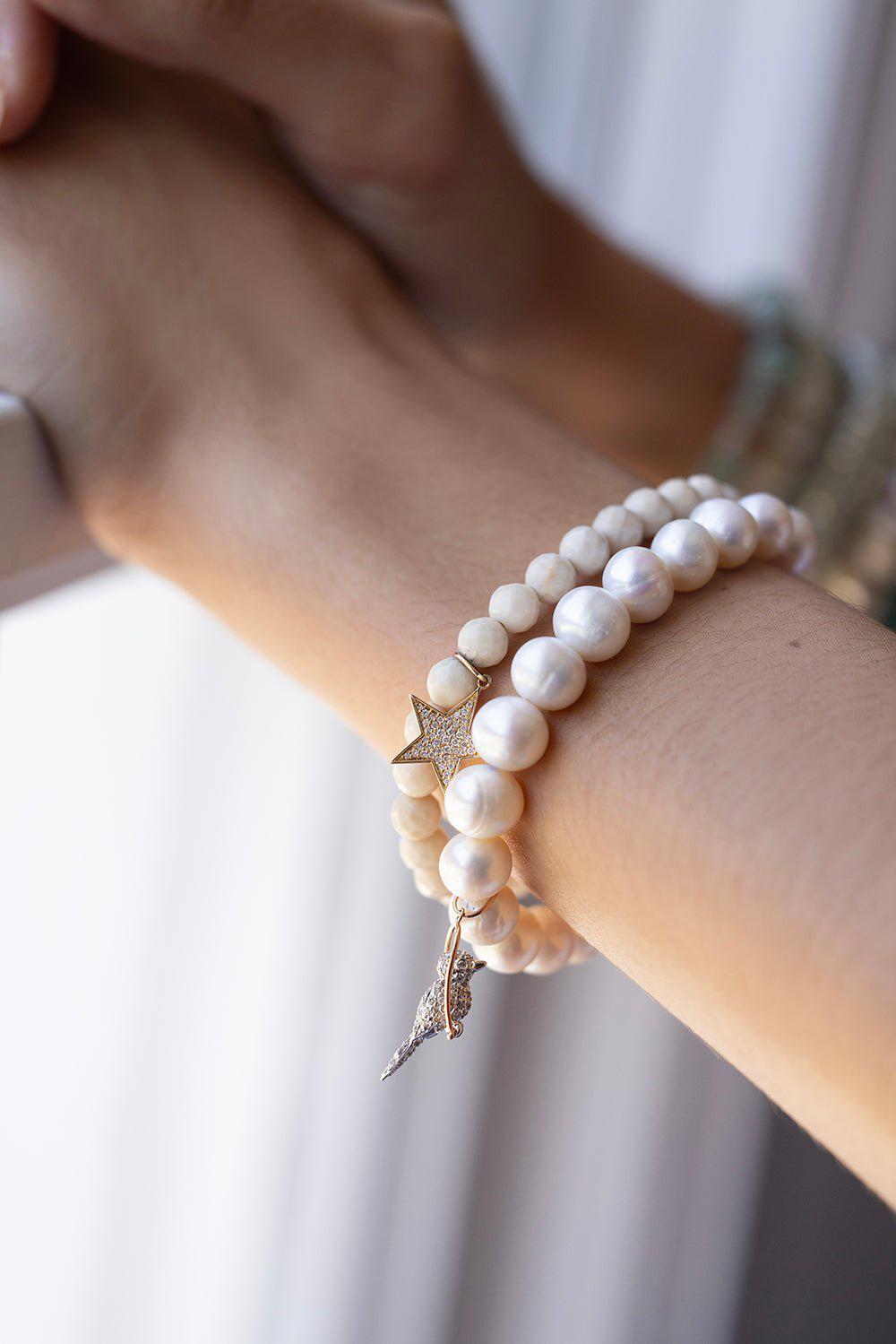SYDNEY EVAN-Bird Pearl Charm Bracelet-YELLOW GOLD