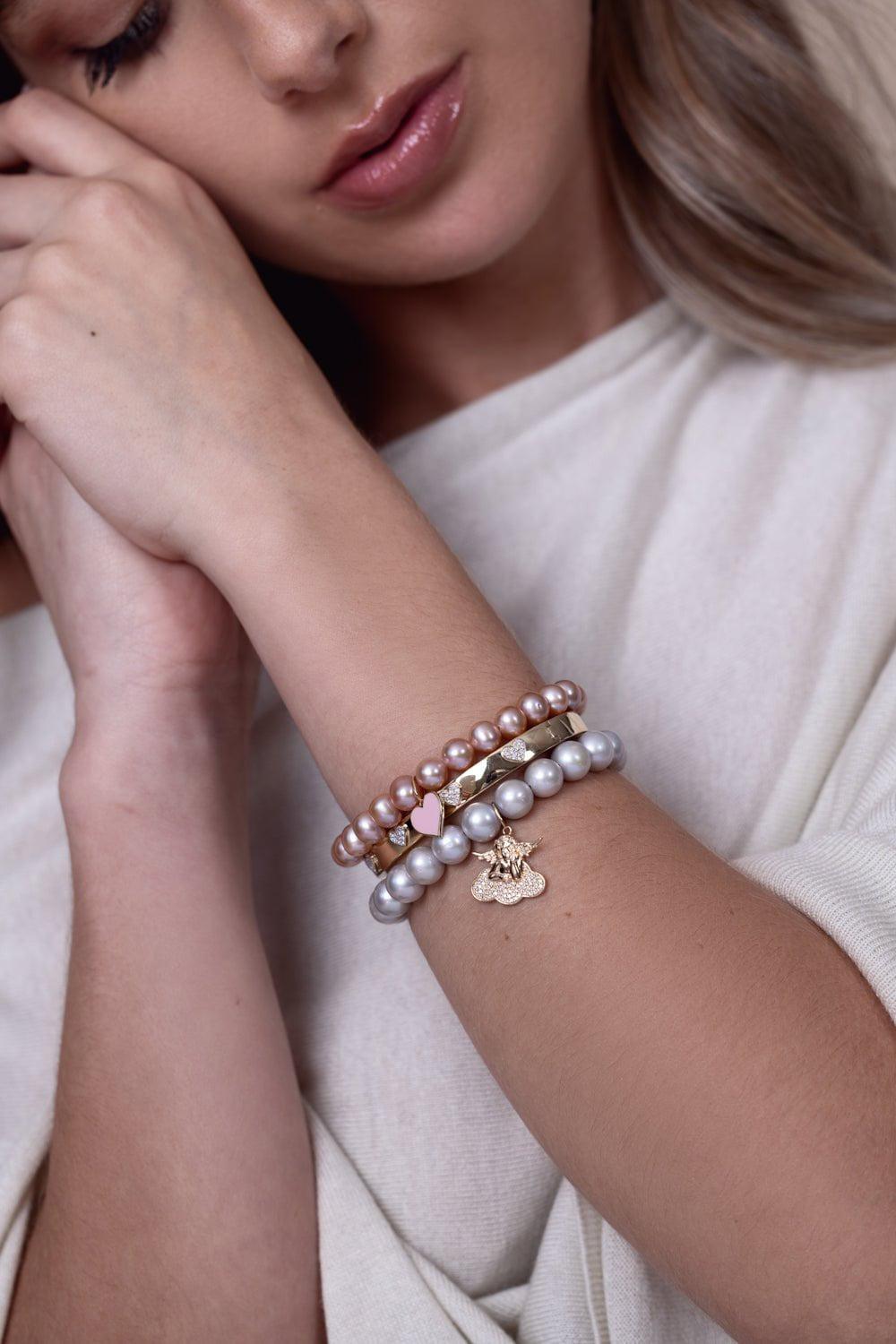 SYDNEY EVAN-Cherub Cloud Pearl Charm Bracelet-YELLOW GOLD