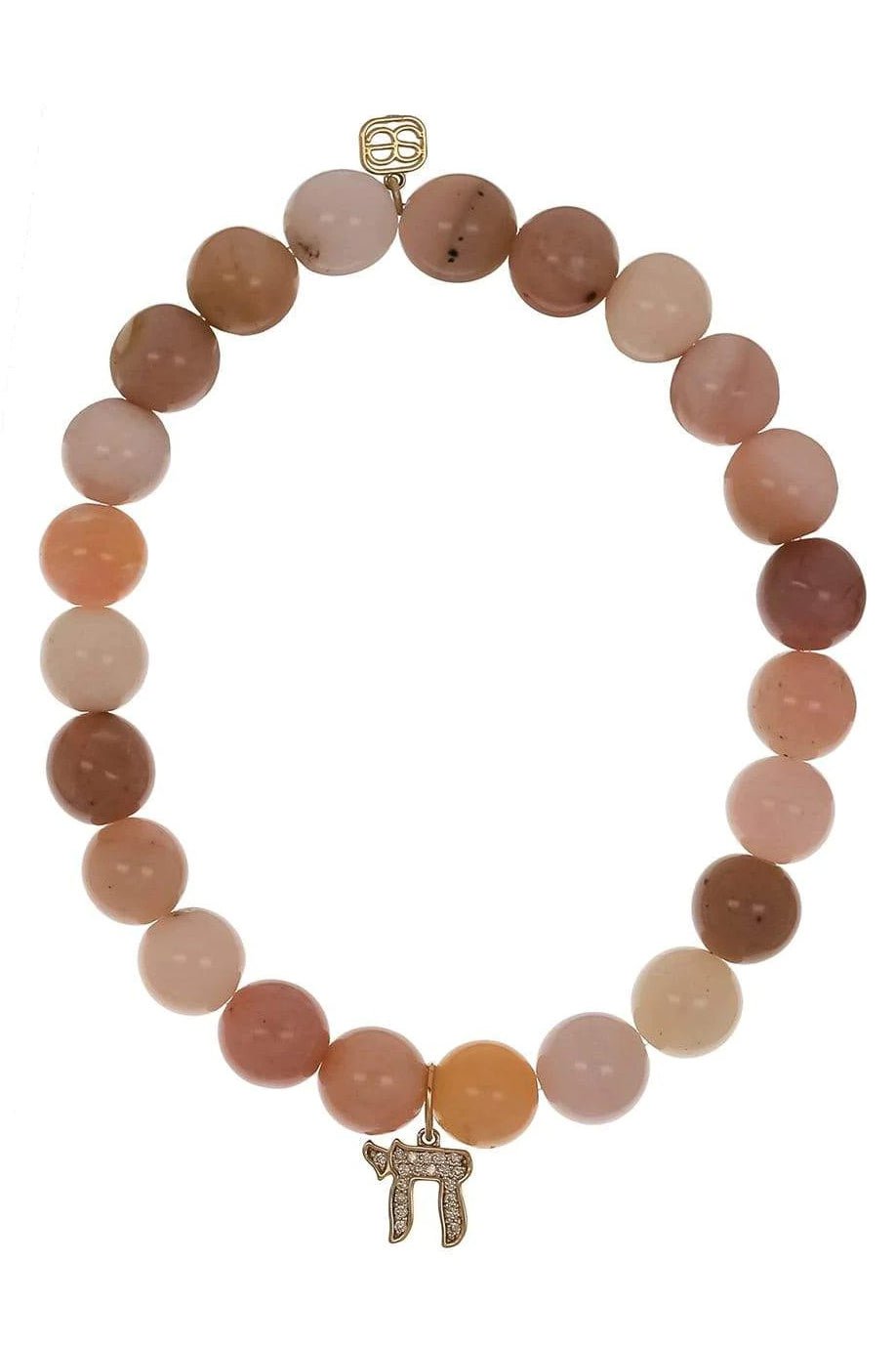 SYDNEY EVAN-Diamond Chai Charm Pink Opal Bead Bracelet-YELLOW GOLD